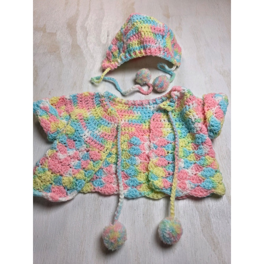 Handmade Crochet Baby Sweater Bonnet Set Pastel Pink Blue Yellow Cottagecore